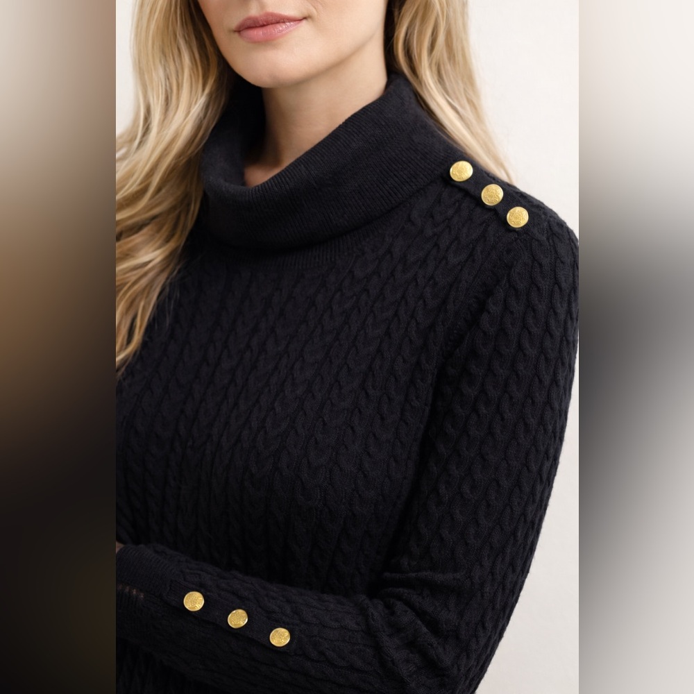 Spartina 449 Cowl Neck Sweater Large Black with Gold Buttons 100% Merino Wool
